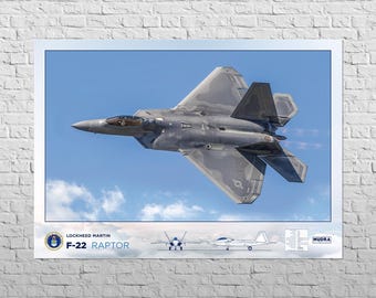 May include: A gray Lockheed Martin F-22 Raptor fighter jet flies against a blue sky with white clouds. The jet is in a steep bank, with its wings angled upwards. The image includes the text "Lockheed Martin F-22 RAPTOR" and a US Air Force seal.