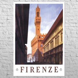 May include: A vintage travel poster featuring a view of the Palazzo Vecchio in Florence, Italy. The poster is in a muted color palette of browns, oranges, and blues. The text "FIRENZE" is printed in brown at the bottom of the poster.