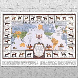 Mappa mondiale dei cavalli, 1934 / 30x21" Grande formato / Razze / Decorazione murale vintage