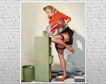 May include: A woman in a red dress pours water from a glass pitcher into a water cooler. The water cooler is green and has a white spout. The woman is wearing red heels and has her hair pulled back.