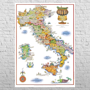 Peut inclure: Une carte illustrée colorée de l'Italie, avec des dessins détaillés des régions, villes et monuments. La carte comprend des étiquettes de texte en italien, des éléments décoratifs et une rose des vents. La carte est encadrée d'un bord rouge.