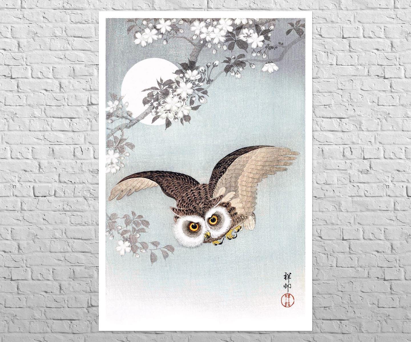 Poster Scops Owl in Flight, Cherry Blossoms and Full Moon, 1926 | 12x18" A3 | Shin-hanga | Japa