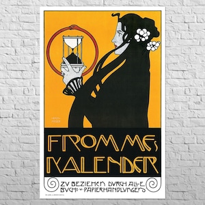 May include: Art nouveau poster with a woman holding an hourglass, set against a yellow backdrop. The poster features a black silhouette of a woman with long hair and white flowers. Text in black and gold reads "FROM ME, KALENDER".