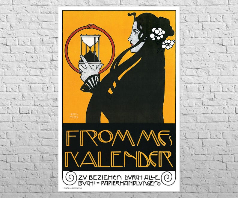 May include: Art nouveau poster with a woman holding an hourglass, set against a yellow backdrop. The poster features a black silhouette of a woman with long hair and white flowers. Text in black and gold reads "FROM ME, KALENDER".