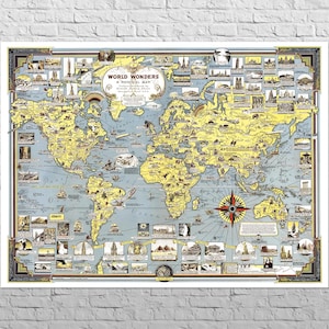 Mappa delle meraviglie del mondo, 1939 / 39x30" Grande formato / Decorazione murale vintage