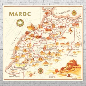 Carte du Maroc, 1950 | 39 x 37 po. Grande taille | Afrique, décoration murale rétro