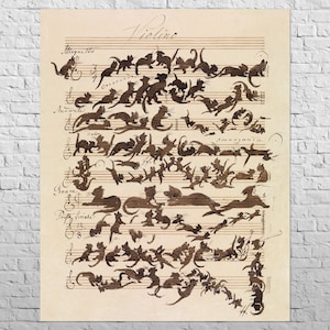 May include: A vintage sheet music print featuring a musical score with the word "Violin" at the top. The score is filled with silhouettes of cats in various poses, creating a whimsical and playful design.