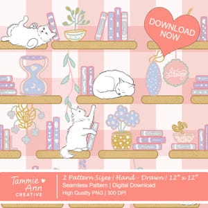 Katter Bibliotek Sömlöst Mönster (Rosa) Coquette 300 DPI / PNG Ladda ner Digitalt Papper, Tyg, Vinyl