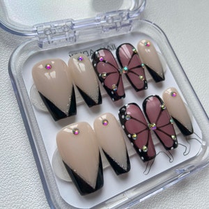 Luxurious Custom Rhinestone/Personalized Handcrafted Press On Nails/French Tips/ Caffeine Long Coffin Shapes/Artistic Butterfly Designs