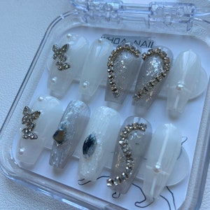 Luxurious Custom Rhinestone/Personalized Handcrafted Press On Nails/French Tips/ Caffeine Long Coffin Shapes/Colorful Artistic Designs