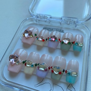 Luxurious Custom Rhinestone/Personalized Handcrafted Press On Nails/French Tips/ Caffeine Long Coffin Shapes/Colorful Artistic Designs