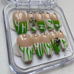 Luxurious Custom Rhinestone/Personalized Handcrafted Press On Nails/French Tips/ Caffeine Long Coffin Shapes/Green Chrome Hearts