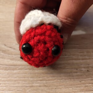 Pode incluir: Uma joaninha vermelha de crochê com manchas pretas e um chapéu branco de crochê. A joaninha tem olhos pretos de botão.
