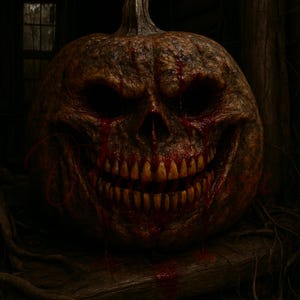 May include: A menacing, carved pumpkin with a grotesque, toothy grin and blood-like streaks. The pumpkin is brown with a textured surface, set against a dark, shadowy background, evoking a Halloween or horror theme.