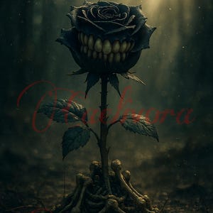 May include: A digital art image of a dark rose with a menacing grin of teeth. The rose is black, with green leaves and a stem. The roots are bone-like, and the background is a dark forest with the word "Caelivora" in red.