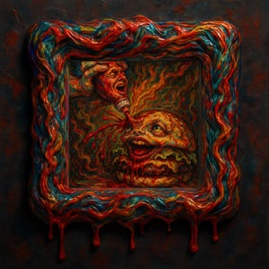 Grotesque Surreal Burger Art Print – Psychedelic Macabre Horror Painting, Digital Download, Creepy Food Wall Art for Dark Decor