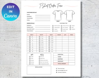 May include: A printable T-shirt order form with sections for customer details, order details, clothing type, sizes, colors, quantity, price, subtotal, taxes, shipping, discount, total amount, and special notes. The form includes a graphic of a T-shirt with front and back views.