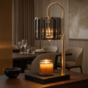 May include: A modern table lamp with a gold-colored metal frame and a faceted, smoky glass shade. A lit candle in a glass jar sits on a black base, with a small black bowl in the foreground. The lamp is on a wooden table.