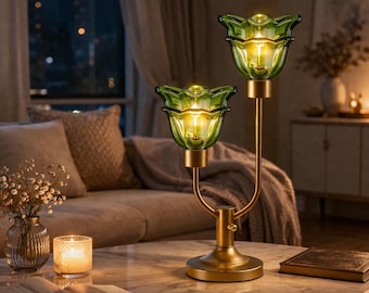 Mid Century Modern Gold Table Lamp, Green Glass Shade, Dimmable Bedside Nightstand Light