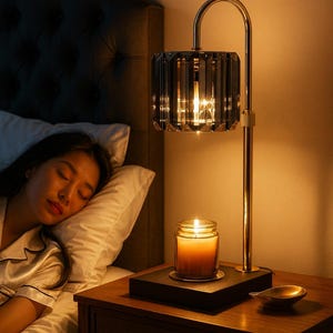 May include: A lit candle in a glass jar sits on a black tray on a wooden nightstand. A crystal lamp with a gold-colored metal frame is next to the candle. A person is sleeping in a bed with a white pillow and a dark headboard.