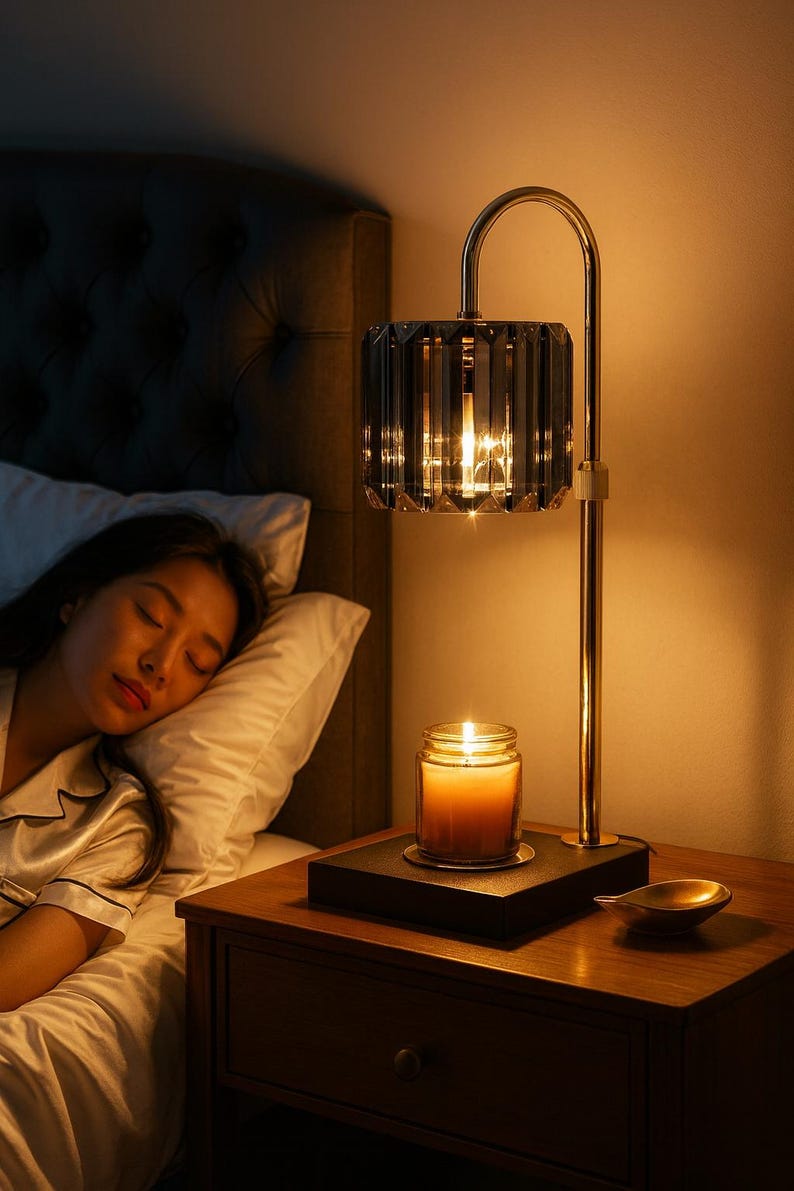 May include: A lit candle in a glass jar sits on a black tray on a wooden nightstand. A crystal lamp with a gold-colored metal frame is next to the candle. A person is sleeping in a bed with a white pillow and a dark headboard.