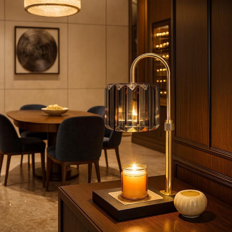 May include: A decorative table lamp with a faceted, smoky glass shade and a gold-colored metal frame. A lit candle in a glass jar and a small white ceramic bowl sit on the wooden surface below the lamp.