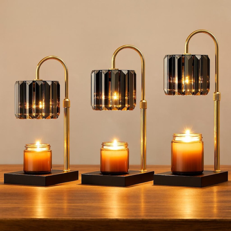 May include: Three candle holders with a modern design. Each has a black base, a gold-colored arched support, and a faceted, dark gray glass shade. A lit candle sits beneath each shade, casting a warm glow. The holders are arranged on a wooden surface.
