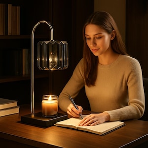 May include: A decorative table lamp with a gold-colored arched stem and a faceted glass shade. A lit candle sits on a wooden base. A person is writing in a notebook at a wooden desk.