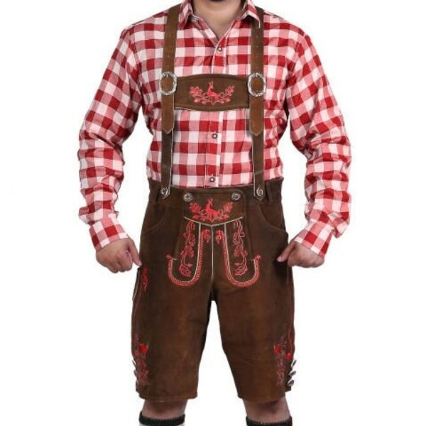 Bavarian Herren Brown Red Lederhosen Shorts, Oktoberfest, Bavarian Lederhosen shorts, German Oktoberfest leather Shorts Trachtenmode