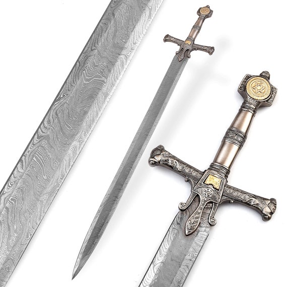 Hand Forged Damascus Steel King Solomon Sword: Medieval Crusader