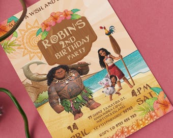 Disney Moana Birthday Invitation, Editable Digital Hawaiian Party Invite, Disneyland Baby Moana 2 Moui Hei Hei Pou Characters Party Suplies