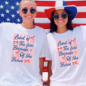 Land Of The Free Because Of The Brave Shirt, Patriotic Script Shirt Women, 4th Of July Outfit, USA Independence Day Tee, Red White Blue