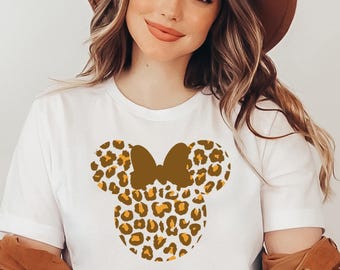 Leopard Bow Mickey and Minnie Couple Shirt, Disney Inspired Tee, Cute Leopard Ears T-Shirt, Family Vacation Outfit, Boho Disney Gift