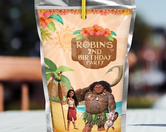 Moana Editable Juice Pouch Label, Moana Birthday Design, Disney Editable Juice Label, Maui Hei Hei, Moana Kids Birthday Party Supplies, 0001