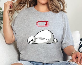 Low Battery Baymax Shirt, Big Hero 6 Funny Tired Tee, Cute Lazy Robot Shirt, Recharge Mode Graphic Tee, Funny Robot Cartoon T-Shirt