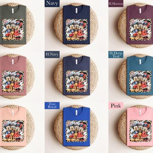 The image is a collage of nine shirts, each with a different color and design, displayed on a woven placemat.