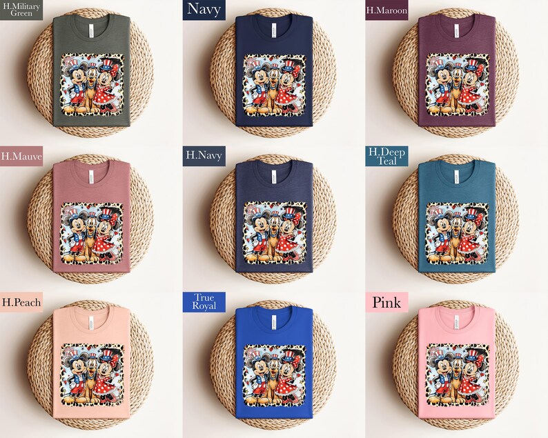 The image is a collage of nine shirts, each with a different color and design, displayed on a woven placemat.
