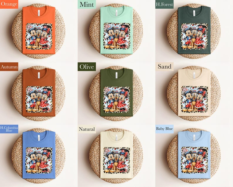 The image is a collage of nine different t-shirt designs, each with a unique color and pattern. The t-shirts are displayed on a woven basket, creating a visually appealing arrangement.