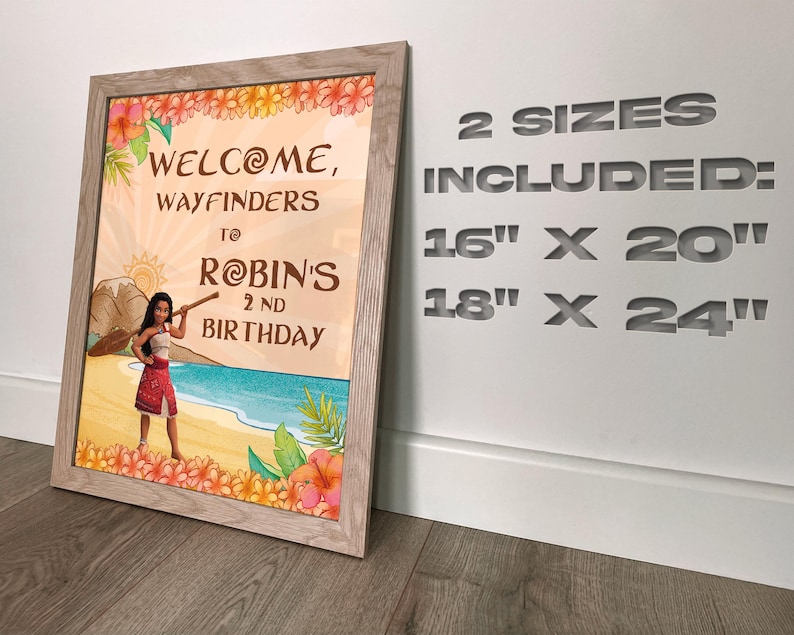May include: Framed birthday sign with the text "WELCOME, WAYFINDERS to ROBIN'S 2ND BIRTHDAY." The sign features a cartoon illustration of a girl on a beach. The frame is light brown. The sign includes two size options: 16" x 20" and 18" x 24".