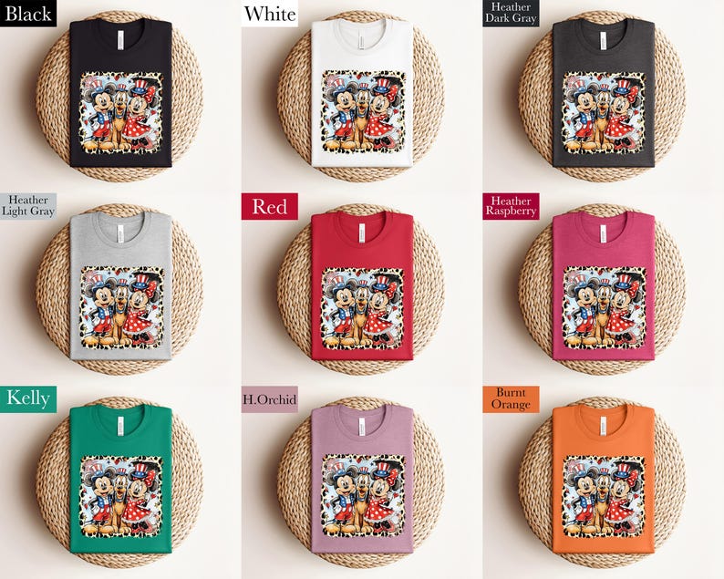 The image is a collage of nine different t-shirt designs, each with a unique color and pattern. The t-shirts are displayed on a woven placemat, showcasing the variety of designs available.