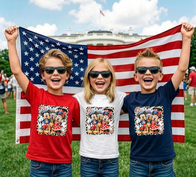 Three children are standing in front of an American flag, each holding a flag. They are wearing sunglasses and are smiling.
