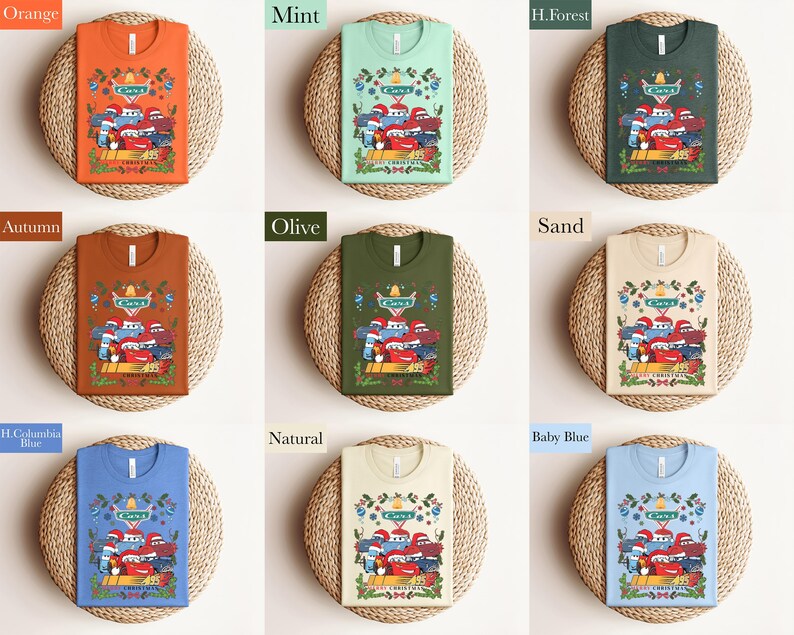 The image is a collage of nine different t-shirt designs, each with a unique color and pattern. The t-shirts are displayed on a woven basket, creating a visually appealing arrangement.