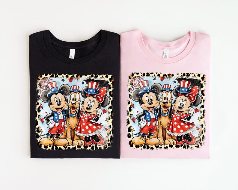 two t-shirts with a cartoon-style illustration of Mickey Mouse and Minnie Mouse, along with other Disney characters, on a leopard print background.