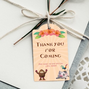 Moana bedruckbarer Favor Tag, Moana Custom Party Design, Disney bearbeitbares Dankeschön-Tag, Maui, Hei-hei-Geschenketikett, Geburtstagsfeiervorlage, 0001
