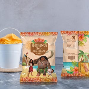 Moana druckbare Chip Tasche, Moana Geburtstag Design, Disney Moana bearbeitbares Chip Taschenetikett, Maui Benutzerdefiniertes Etikett, Geburtstagsfeierdekoration, 0001
