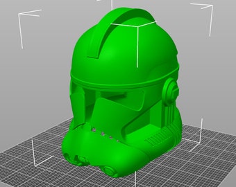 May include: A green plastic 3D printed model of a Star Wars clone trooper helmet.