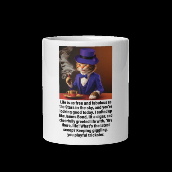 Blue Cat in Suit coffee Mug - 'Life is Free & Fabulous' Motivational Design"