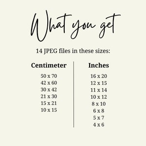 Puede incluir: Una lista de 14 tama&ntilde;os de archivos JPEG en cent&iacute;metros y pulgadas. Los tama&ntilde;os van desde 10 x 15 cent&iacute;metros hasta 50 x 70 cent&iacute;metros, y de 4 x 6 pulgadas hasta 16 x 20 pulgadas.