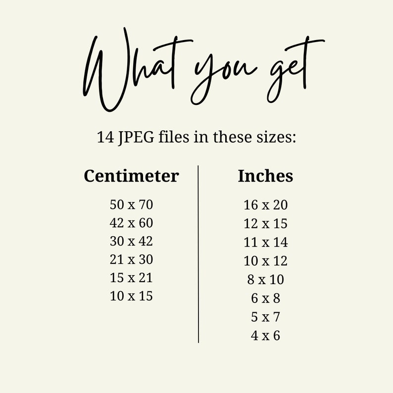Puede incluir: Una lista de 14 tama&ntilde;os de archivos JPEG en cent&iacute;metros y pulgadas. Los tama&ntilde;os van desde 10 x 15 cent&iacute;metros hasta 50 x 70 cent&iacute;metros, y de 4 x 6 pulgadas hasta 16 x 20 pulgadas.