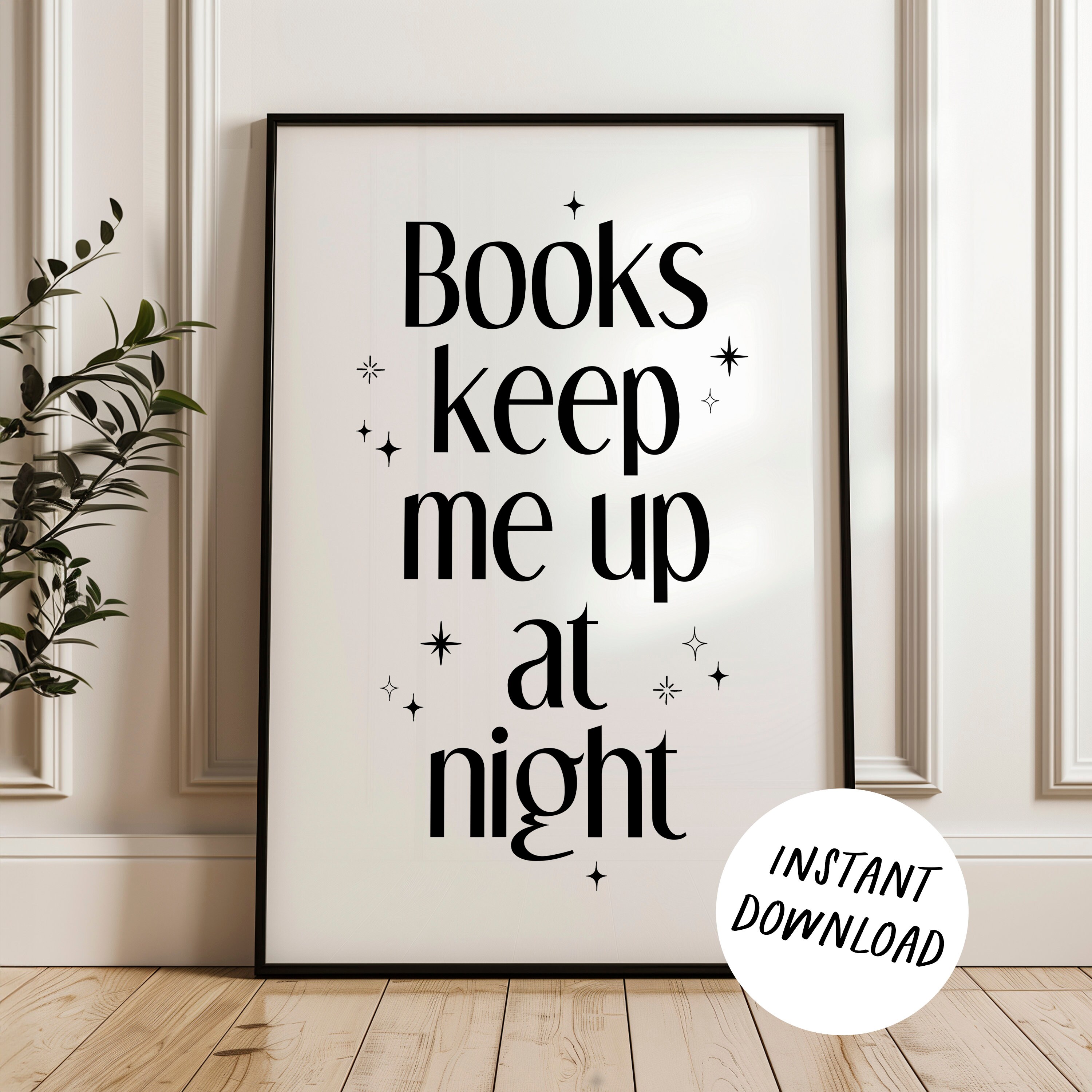 Books Keep Me Up at Night poster, simple typography art, minimalist, book lover home decor, night and stars, instant download